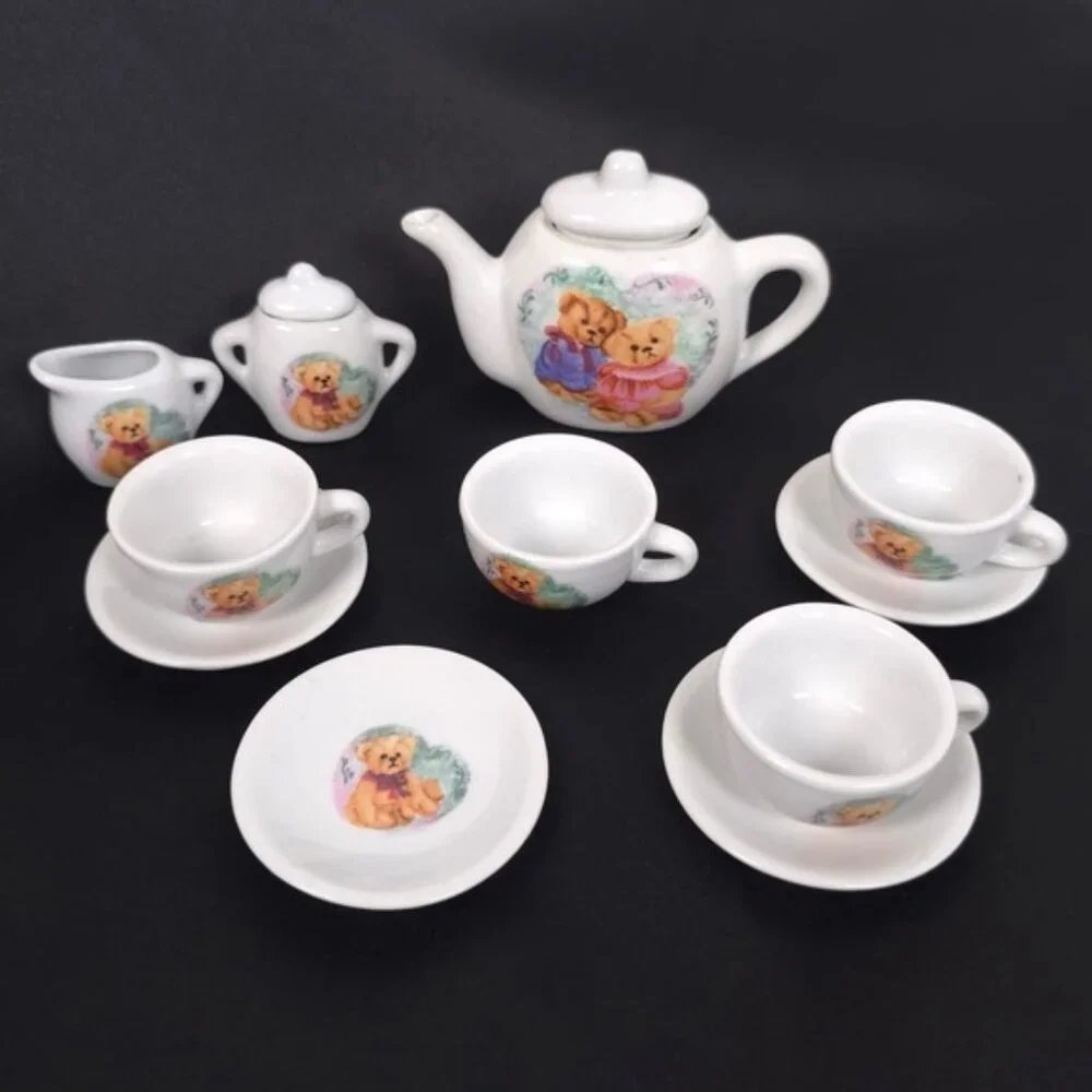 VINTAGE 1991‎ MINI PORCELAIN TEA SET TEDDY BEARS 12 Pieces Cups Saucers
